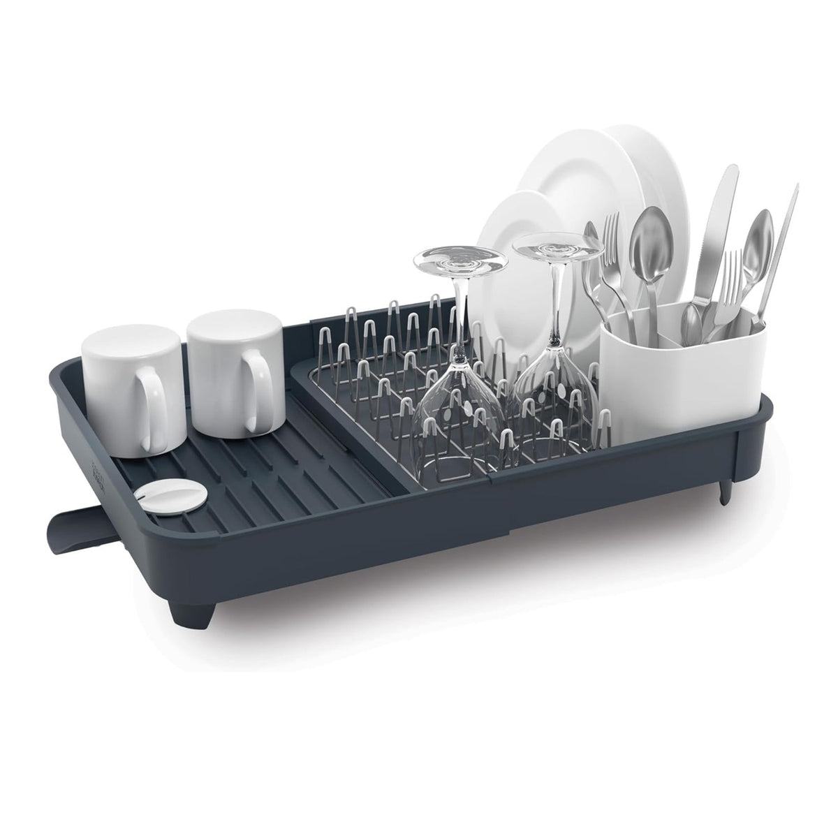 Escurridor de platos de plástico gris oscuro con utensilios, platos y copas de cristal, vista frontal