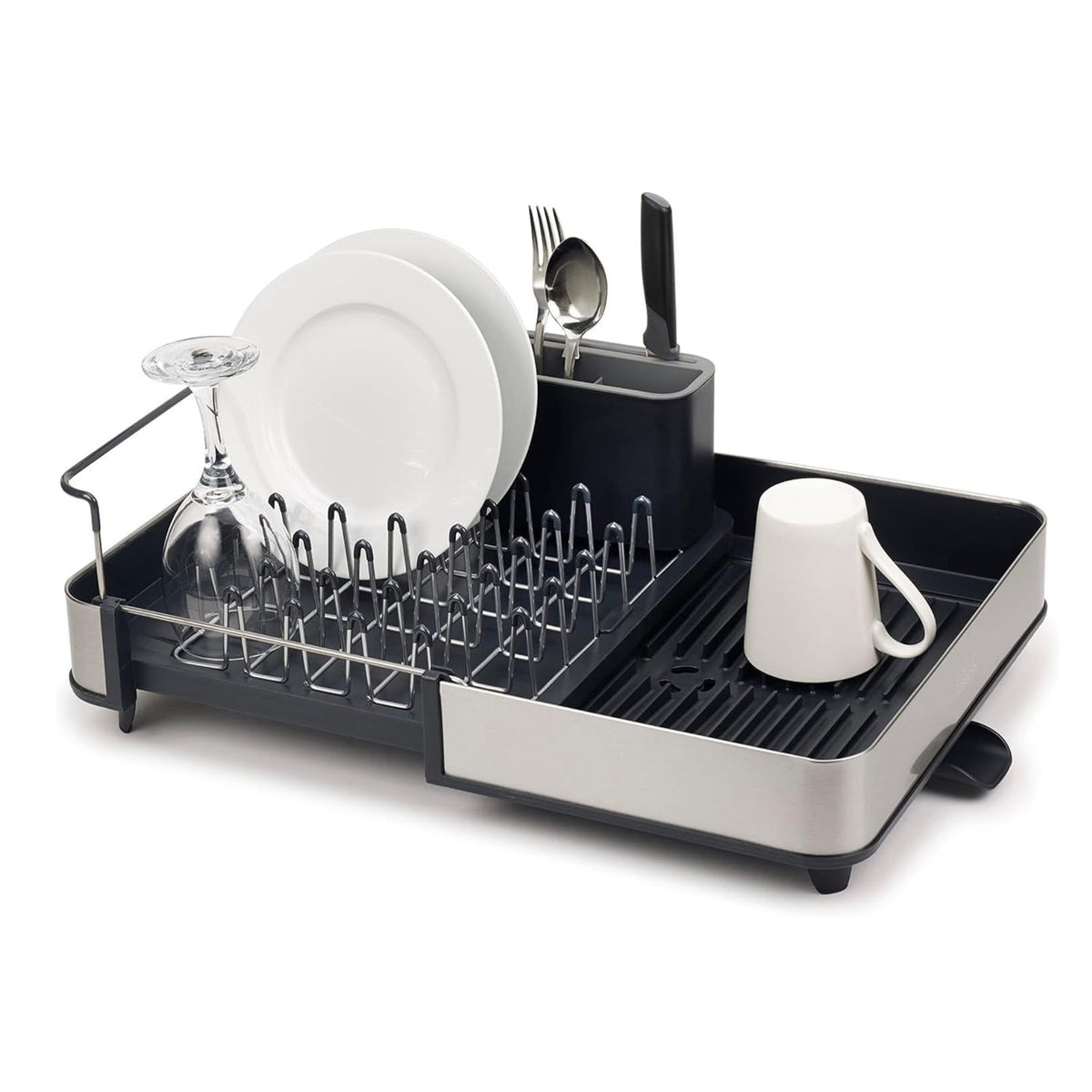 Escurridor de platos expandible negro y plateado con utensilios y vajilla, vista frontal