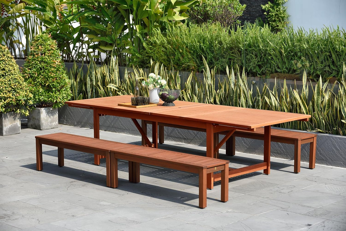 Comedor Extensible de Madera con 4 Bancas de Jardin y Exterior