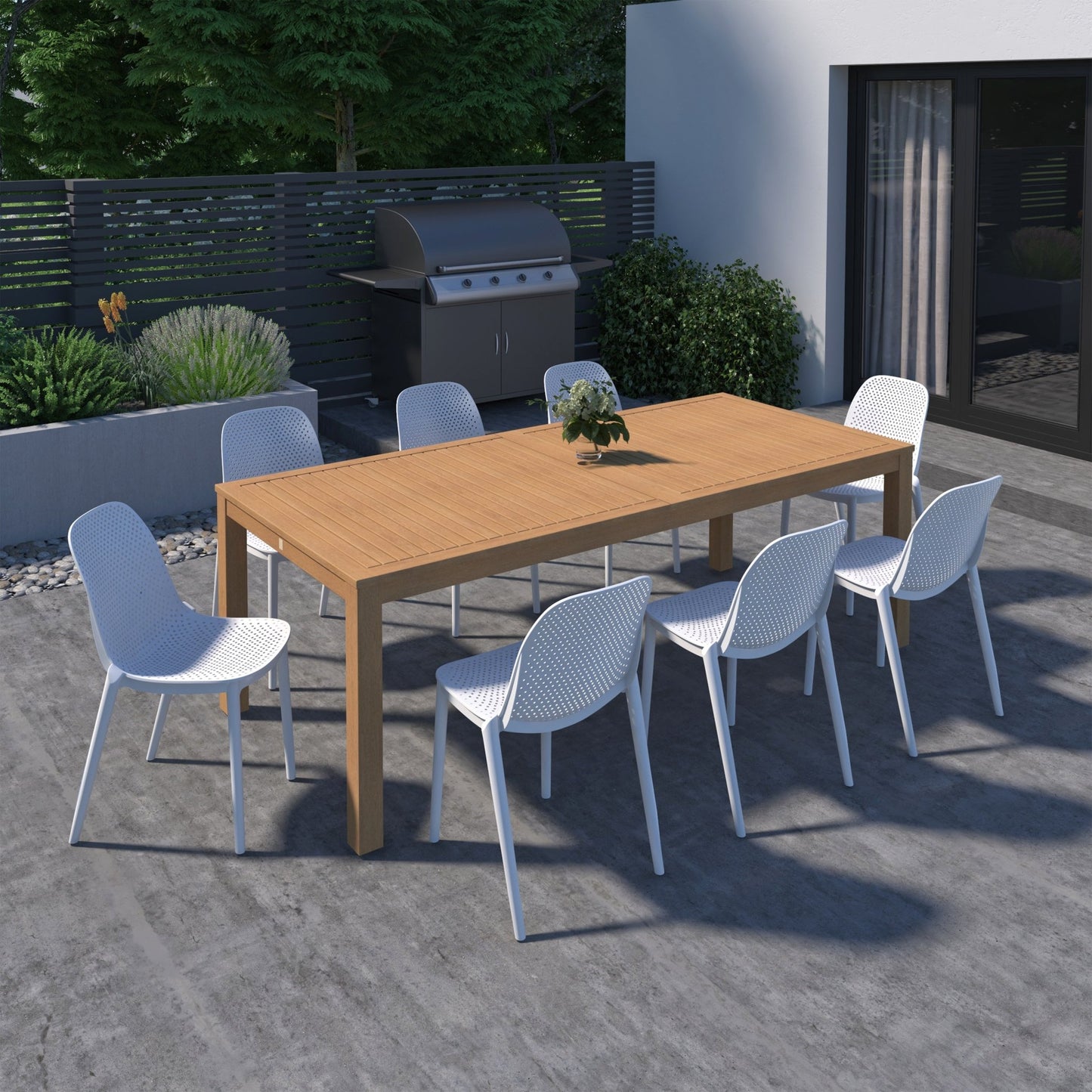 Comedor Exterior Lagos Mesa de Teca con 8 Sillas Plasticas