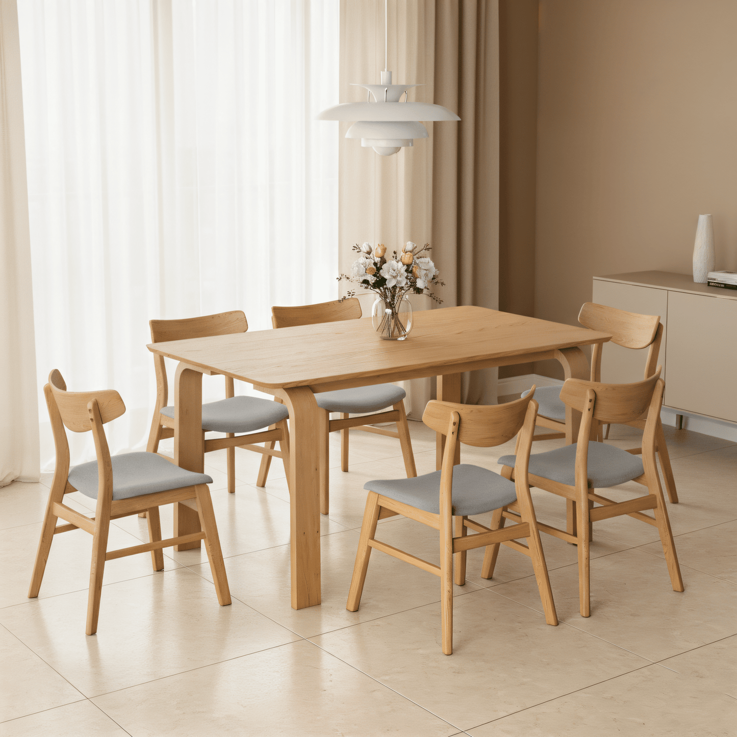 Juego de Comedor Atenas de Madera con 6 Sillas Tapizadas