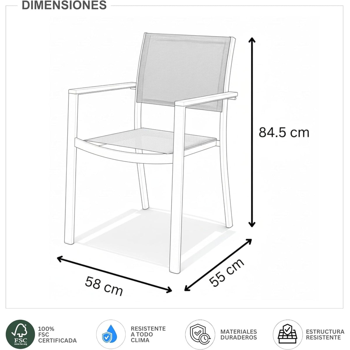 Diagrama de una silla gris con medidas de 84.5 cm de alto, 58 cm de ancho y 55 cm de profundidad