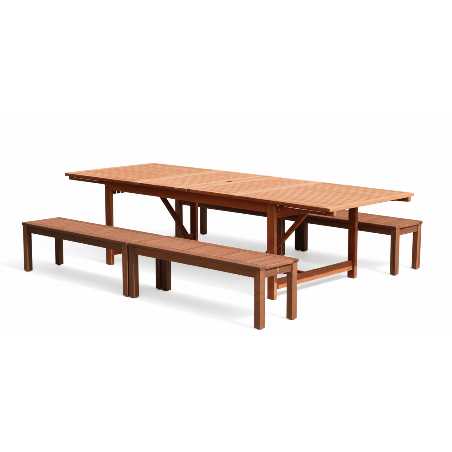Comedor Extensible de Madera con 4 Bancas de Jardin y Exterior
